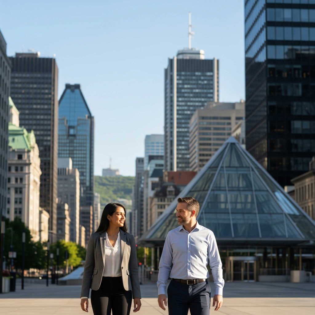 Accountant in Montreal meeting a client near downtown landmarks with the city skyline in view.