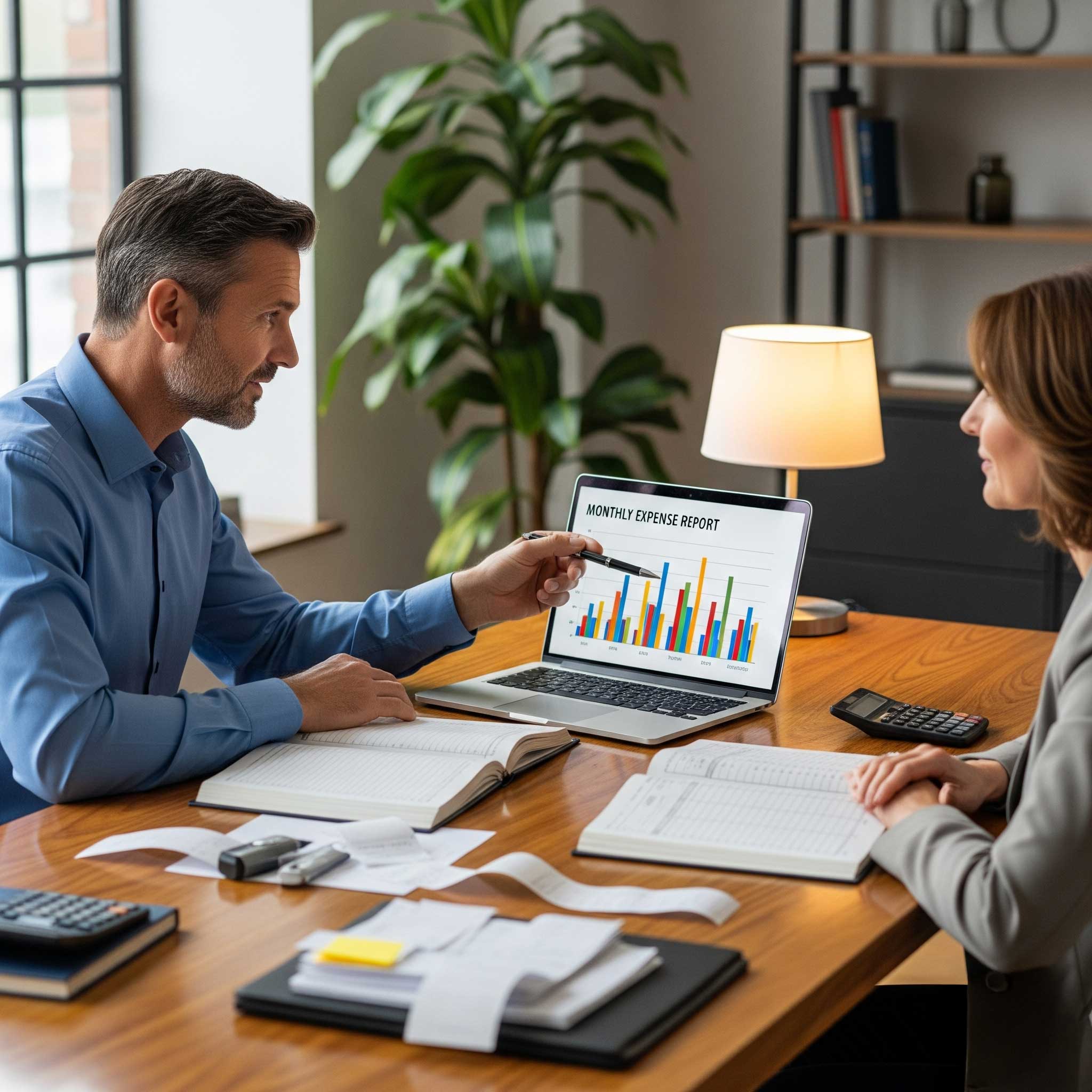 Accountant in Montreal providing bookkeeping and financial advisory services, reviewing reports and records with a client.