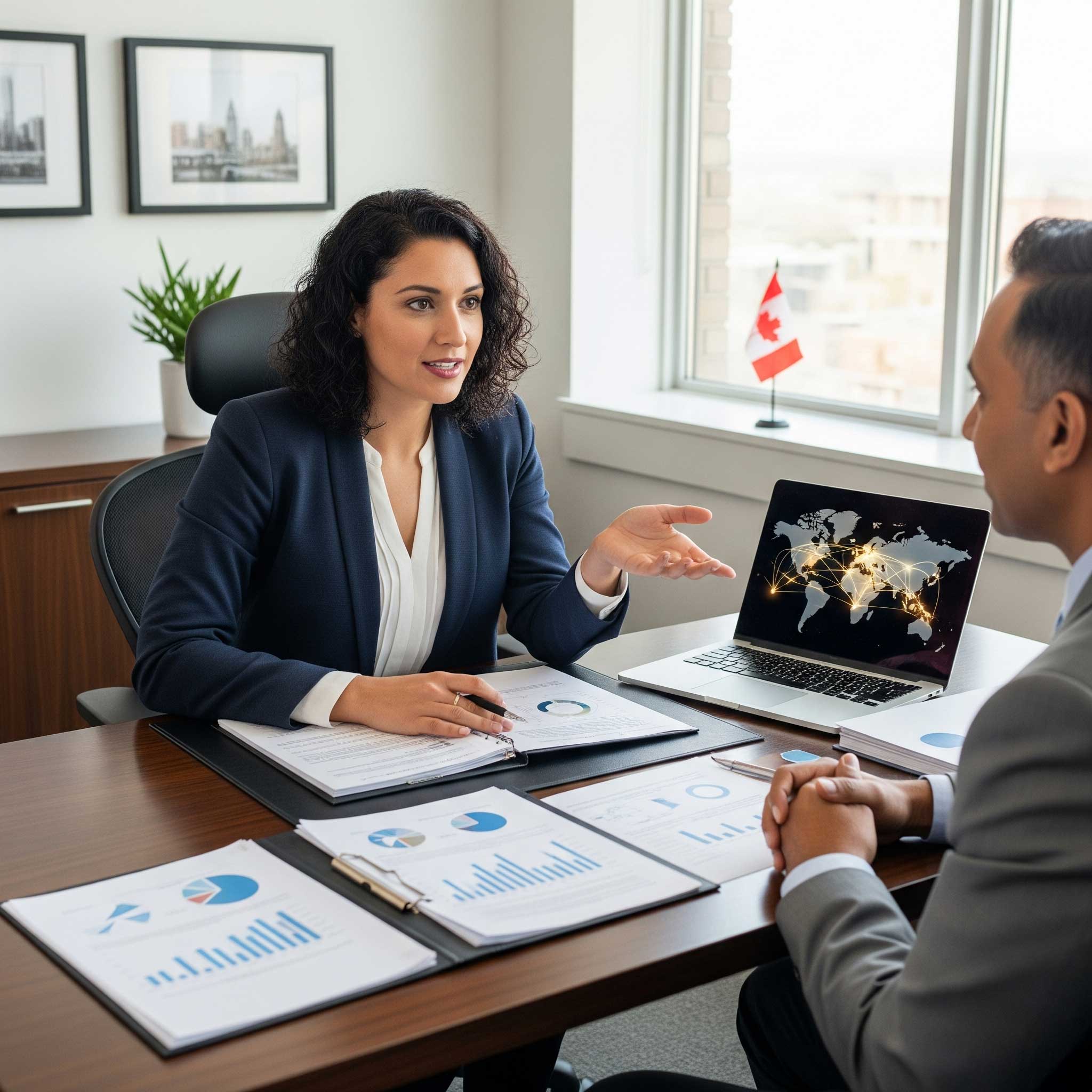 Montreal accountant advising corporate and expat clients on international tax planning with financial charts and global data.